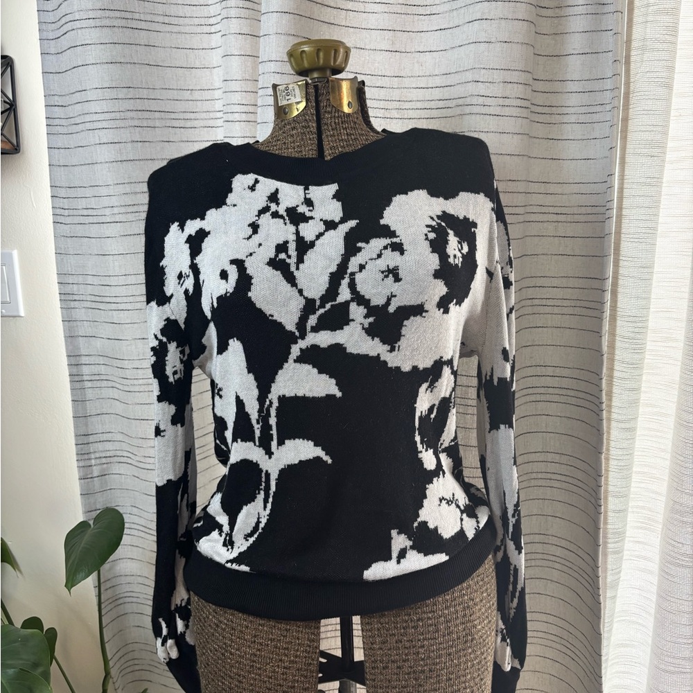 WHBM Outlet Floral Black and White Sweater